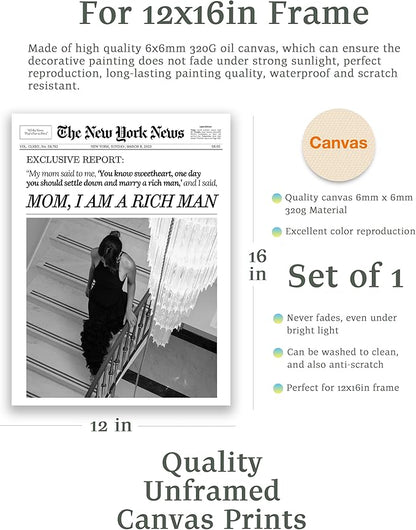 EcoHest Unframed Trendy Newspaper Wall Art, 12x16 in OAK Wood Mom I Am a Rich Man Canvas Art, Magazine Girly Poster College Dorm Decor, Beige Logs Set of 1 for Bedroom Living Room