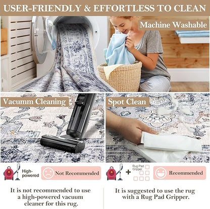 CAPALOCA Machine Washable Rugs Nursery Rug 2x6 Cute Girl Non Slip Low Pile Water Repellent Soft Print Pattern for Bedroom Indoor Decor Kids Playroom Blue White
