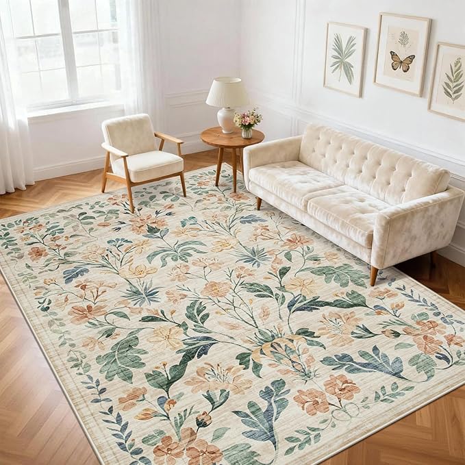 5x7 Area Rugs Washable Rug: Lagre Boho Living Room Rug Soft Non-Slip Thin Carpet Indoor Floor Non-Shedding Neutral Floral Carpets for Bedroom Dining Room Farmhouse Nursery Beige