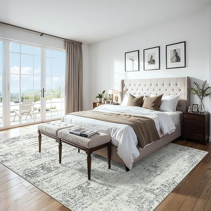 Area Rugs Living Room Rug - 5x7 Washable Modern Abstract Soft Neutral Non-Slip Carpet Large Indoor Floor Stain Resistant Thin Carpets for Bedroom Dining Room Farmhouse Nursery Home Office Grey