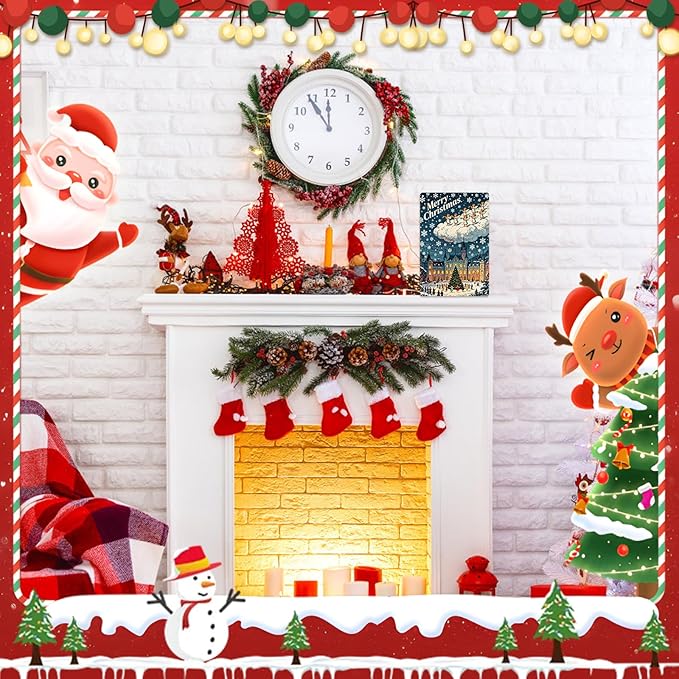 Vintage Christmas Metal Wall Decor Decorations Outdoor Yard Signs- 12x8 Inches Angel Trumpet & Illuminated Castle Scene Sign for Home Kitchen Holiday Wall Decor Outdoor Gathering Spaces Tables Office Wall Shelf Desk Shelf Mantel.