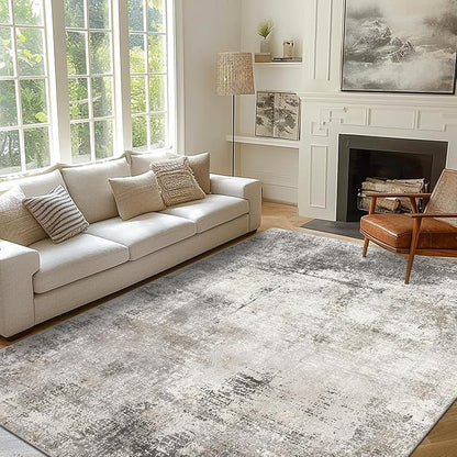 GENIMO 8x10 Area Rugs for Living Room, Machine Washable Non Slip Rugs, Low Pile Lightweight Modern Distressed Print Rug for Bedroom, Dining Room, Home Office, Abstract Grey