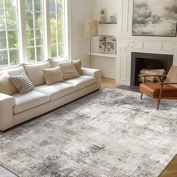 GENIMO 6x9 Area Rugs for Living Room, Machine Washable Non Slip Rugs, Low Pile Lightweight Vintage Print Rug for Bedroom, Dining Room, Home Office, Abstract Grey