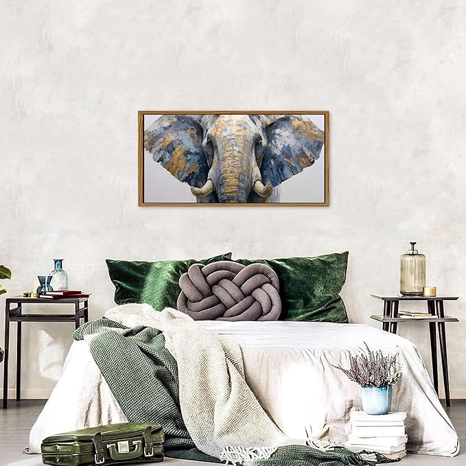 Gray and Gold Elephant Wall Decor Brown Framed African Elephant Canvas Wall Art for Living Room Grassland Animal Painting Minimalist Textured Wildlife Picture Modern Artwork Bedroom Decorations 20x40