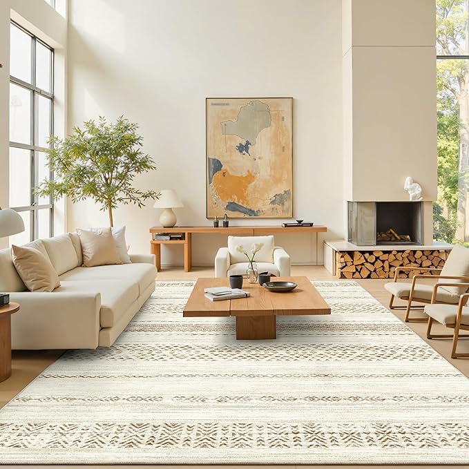 Miukiki 9x12 Area Rug for Living Room Moroccan Washable Rugs Non Slip Indoor Floor Carpet Foldable Large Soft Area Rug for Dining Room Bedroom with Low Pile(Brown,9'x12')