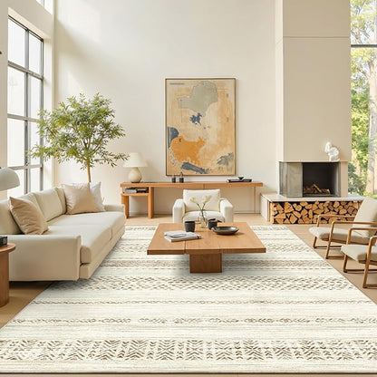 Miukiki 9x12 Area Rug for Living Room Moroccan Washable Rugs Non Slip Indoor Floor Carpet Foldable Large Soft Area Rug for Dining Room Bedroom with Low Pile(Brown,9'x12')
