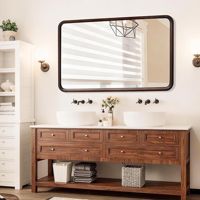 Bathroom Mirror for Wall,Wood Rectangle 30 x 48 inch Hanging Vatiny Tempered Mirrors with Rounded Corner for Living Room,Bedroom,Entryway