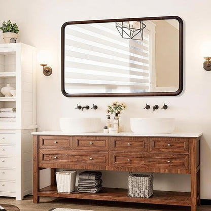 Bathroom Mirror for Wall,Wood Rectangle 30 x 48 inch Hanging Vatiny Tempered Mirrors with Rounded Corner for Living Room,Bedroom,Entryway