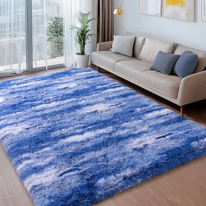 Shag Rugs for Living Room 6x9, Ultra Soft Abstract Blue Big Fuzzy Rugs for Bedroom, 6 x 9 Fluffy Shaggy Plush Carpet Girls Kids Room Dorm Upgrade Non-Slip