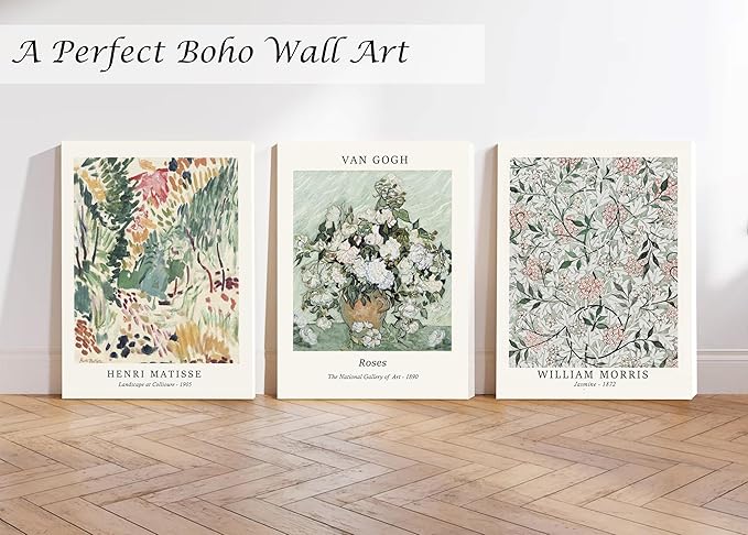 Induslyfe Framed Sage Green Vintage Wall Art Canvas Decor Set of 3, Matisse Prints Posters Mid Century Modern Art, Aesthetic Floral Botanical Wall Art for Bedroom, Living Room, Bathroom 12x16