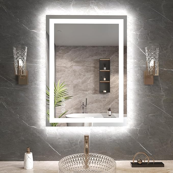 Snowdool 20"X28" LED Bathroom Mirror with Front Lights and Backlit, Anti-Fog, Dimmable, Shatter-Proof Tempered Glass, Lighted Bathroom Vanity Mirror for Wall with 3 Colors, Memory Function