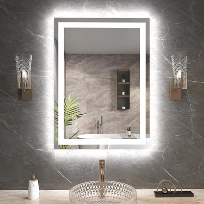 Snowdool 20"X28" LED Bathroom Mirror with Front Lights and Backlit, Anti-Fog, Dimmable, Shatter-Proof Tempered Glass, Lighted Bathroom Vanity Mirror for Wall with 3 Colors, Memory Function