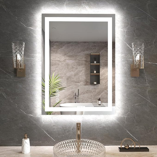 Snowdool 20"X28" LED Bathroom Mirror with Front Lights and Backlit, Anti-Fog, Dimmable, Shatter-Proof Tempered Glass, Lighted Bathroom Vanity Mirror for Wall with 3 Colors, Memory Function