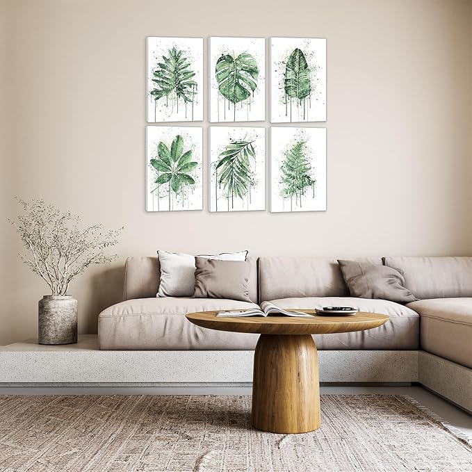 HoozGee Framed Sage Green Leaf Botanical Canvas Wall Art Prints Built-in Wooden Frame Boho Plant Wall Decor for Kitchen Bedroom Livingroom Bathroom Wall Decor (12"x16" FRAMED)