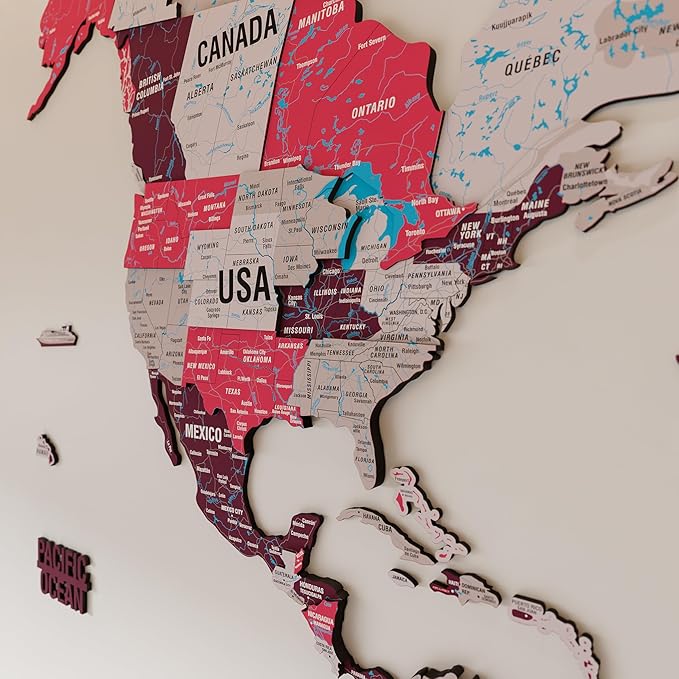Colorfull Worlds 3D Wooden World Map Wall Art - Premium Multicolored World Travel Map for Wall Decor with Push Pins- Ideal Housewarming Gift & Travel Tracker (XLarge, Crimson)