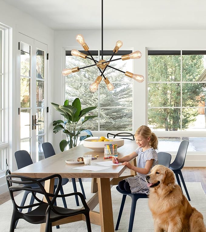 MEIXISUE 8 Lights Dining Room Light Fixtures Modern Sputnik Chandelier Black and Gold Mid Century Pendant Light for Kitchen Island Entryway Foyer Living Room UL Listed
