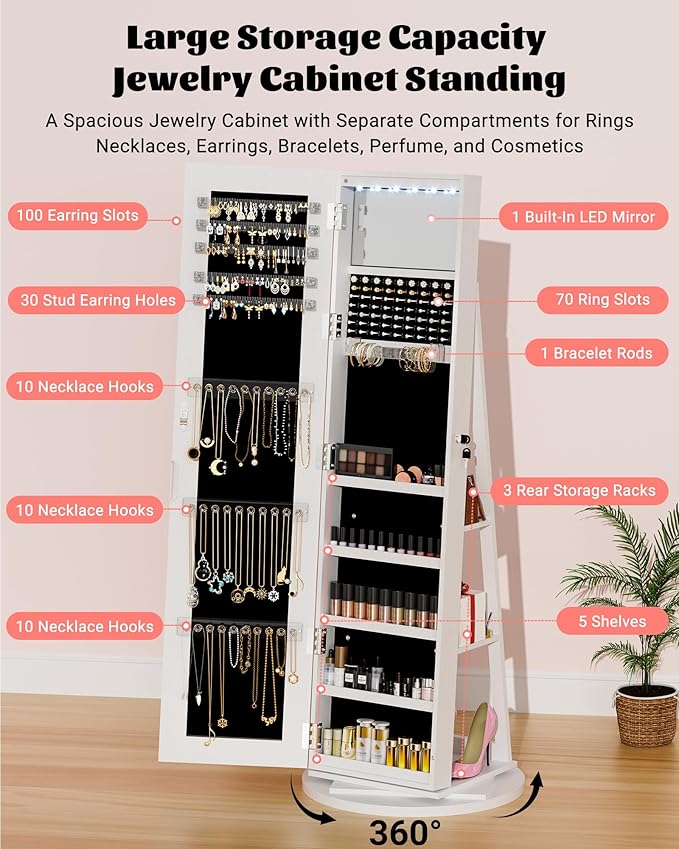 6 LEDs Jewelry Armoire with Frameless Full-Length Mirror, 360° Swivel Jewelry Cabinet Standing with 3 Back Shelves, Jewelry Organizer with Storage Lockable for Women Gift, White