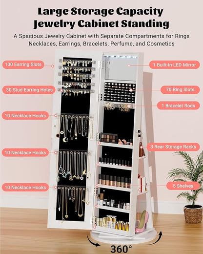 6 LEDs Jewelry Armoire with Frameless Full-Length Mirror, 360° Swivel Jewelry Cabinet Standing with 3 Back Shelves, Jewelry Organizer with Storage Lockable for Women Gift, White