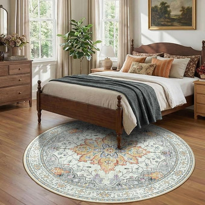 RELEANY Area Rugs Round 7ft Washable Non-Slip, Floral Vintage Distress Print Pattern Medallion Carpet for Living Room Bedroom Dining Room, Light Yellow Carbon Grey Orange