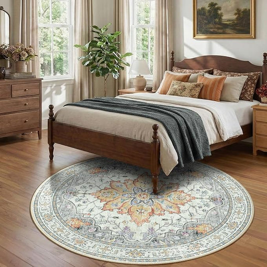 RELEANY Area Rugs Round 7ft Washable Non-Slip, Floral Vintage Distress Print Pattern Medallion Carpet for Living Room Bedroom Dining Room, Light Yellow Carbon Grey Orange