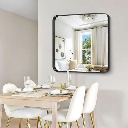 CIRCUMI Black Bathroom Mirror, 36"x36" Rectangular Mirror with Deep Metal Frame, Rounded Corner, Tempered Glass, Mirror for Wall, Oversink, Bedroom, Installed Vertically/Horizontally, Crystal-Clear