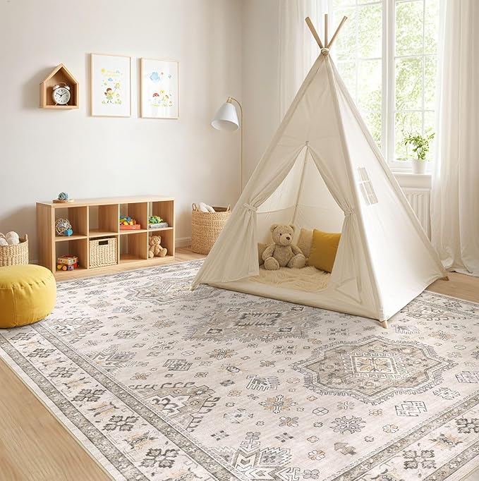 EIEIHOUSE Washable Area Rugs for Living Room -8x10 Neutral Vintage Distressed Floral Farmhouse Boho Large Soft Floor Rug Indoor Non Slip Carpet for Living Room Bedroom Dining Room Office -Beige Brown