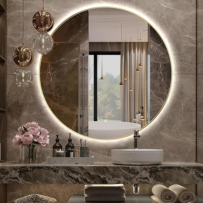 40" Round LED Bathroom Mirror, Wall Mounted Round Backlit Mirror LED Bathroom Vanity Mirror with Light Fog Free Circle Lighted Mirror with Shiny Gold Frame, Smart Light up Mirror 3-Color