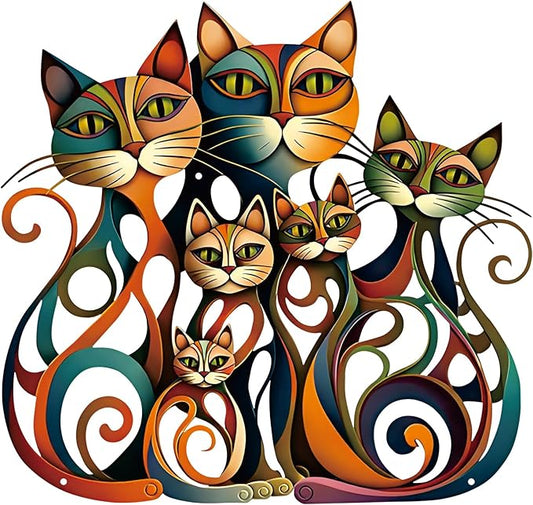 Wesiti Cat Wall Art Decor Iron Wall Sculptures Decor for Cats Lover 10.6 x 15.7 Inches Colorful Retro Mid Century Cat Signs for Home Living Room Bedroom Kitchen Office (Charming)