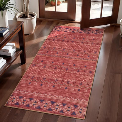 SERISSA 2x4 Rugs for Entryway, Washable Non-Slip Kitchen Runner Rug Small Red Ochre Rug, Soft Low-Pile Boho Geometric Door Mat Indoor Entrance Front Door Carpet for Bedroom Bathroom