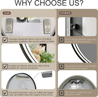 36 Inch Bluetooth Bathroom Mirror with LED Lights, Black Frame Round Vanity Mirror with Lights and Bluetooth, Anti-Fog, Dimmable, 3000K/4500K/6000K, CRI 90+,Memory Function