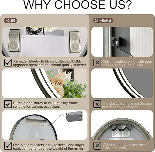 36 Inch Round LED Bathroom Mirror with Bluetooth, 3 Color Temperatures (3000K/4500K/6000K), Anti-Fog, Adjustable Brightness, CRI 90+, Gold Frame Round Mirror with Light