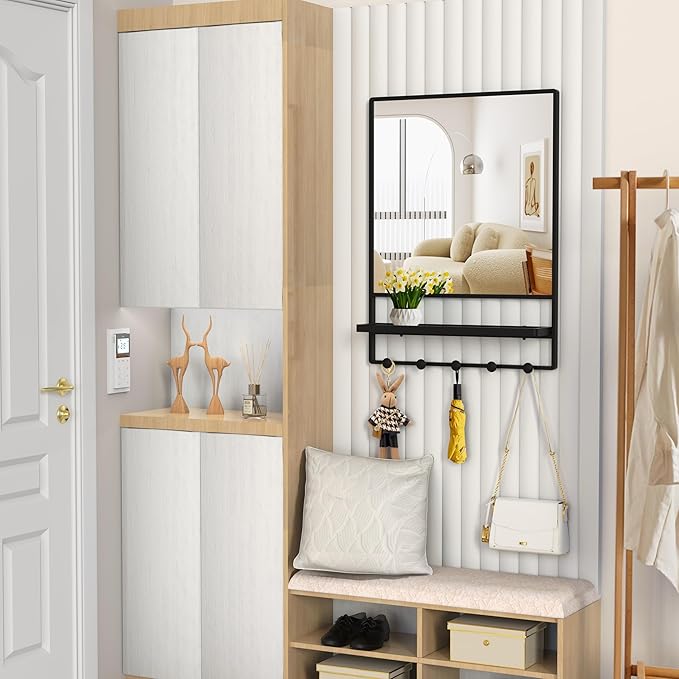 Wall Mirror with Shelf and Hooks,Vanity Mirror with Hooks, 21 X 28 inch Metal Framed Bathroom Mirror with Shelf for Bathroom, Entryway, Bedroom, Living Room (Black, 21" x 28")