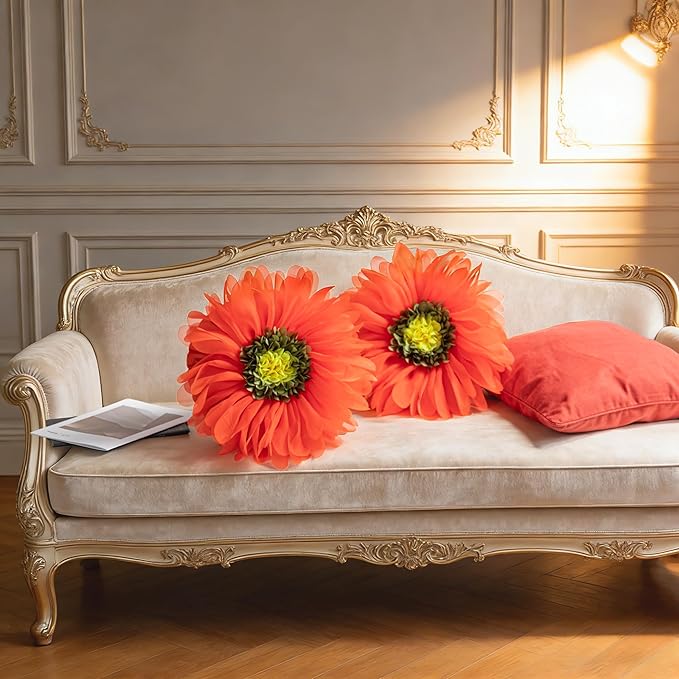 3D Flower Throw Pillow Decorative Daisy Accent Pillows Handmade Cute Round Velvet Floral Cushion with Insert for Couch Bed Chair Car Living Room Bedroom Home Decor 12Inch Vibrant Orange