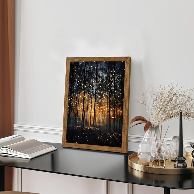 JLTULT Framed Enchanted Forest Firefly Canvas Wall Art, Dark Twilight Landscape Wall Decor, Rustic Botanical Nature Tree Art Prints for Bedroom Living Room Office Decoration 12x16 inch Easy to Hang