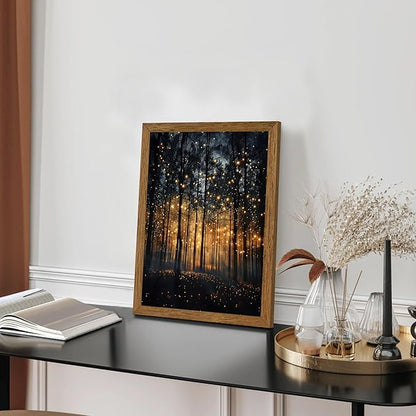 JLTULT Framed Enchanted Forest Firefly Canvas Wall Art, Dark Twilight Landscape Wall Decor, Rustic Botanical Nature Tree Art Prints for Bedroom Living Room Office Decoration 12x16 inch Easy to Hang