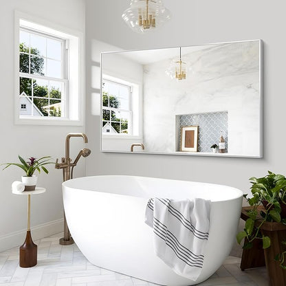 BONEWEI Silver Bathroom Mirror,60x40 inch Wall Mirror for Bathroom Wall Mounted,Large Rectangle Mirror for Bathroom Over Sink,Modern Metal Frame for Living Room,Bedroom Entryway,Horizontal/Vertical