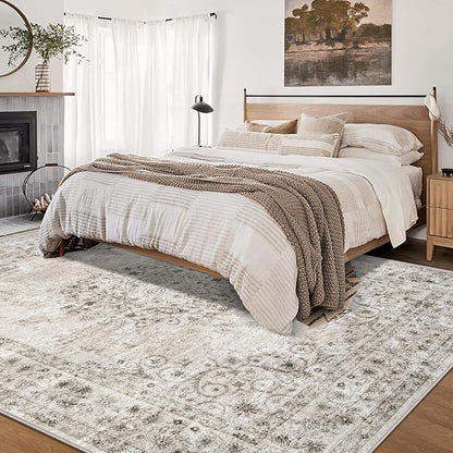 Area Rug 9x12 Vintage Rug: Large Washable Indoor Medallion Rugs Low Pile Distressed Floor Carpet Retro Accent Rug for Living Room Bedroom Kitchen Dining Table Home Office(Distressed Taupe, 9'x12')