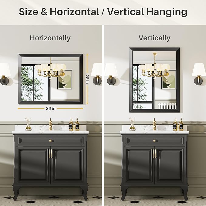 Briivue 20x28 Inch Black Bathroom Mirror for Wall, Thick Metal Framed Rectangle Mirrors for Over Sink, Bedroom, Living Room, Entryway, Anti-Rust, HD Tempered Glass