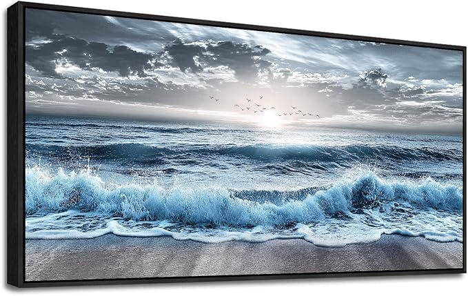 ERQINHUA Large Canvas Wall Decor For Bedroom Wall Art For Living Room Office Decor Blue Beach Sea Wave Paintings Sunrise Ocean Seascape Wall Pictures Artwork Modern Home Decor Black Frame 24x48 In