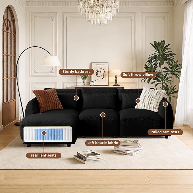 L Shaped Modular Sectional Couch with Removable Ottoman, Convertible Cloud Sofa for Living Room,Comfort Small Couch for Small Spaces(3 Set + 1 Ottomans - Black)