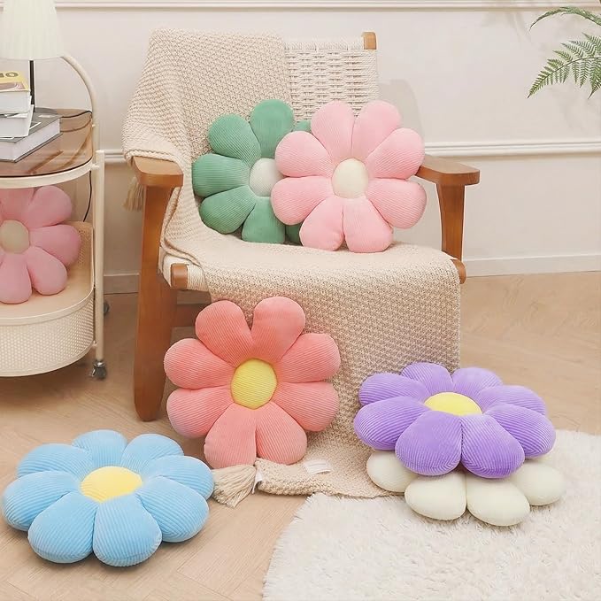 2 Pcs White Blue Flower Pillow Decorative Throw Pillows for Bed Couch Sofa Chair,15.35" Cute Aesthetic Flower Daisy Shaped Pillows Floor Cushions for Bedroom Room Classroom (White+Blue, 15.35 Inch)