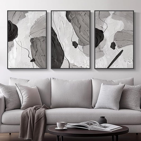 Large Framed Black and White Gray Abstract Wall Art, Set of 3 Piece Modern Canvas Prints Paintings Artwork for Walls, Minimalist Pictures for Living Room Bedroom Dining Room Hallway Wall Decor 20x30 In