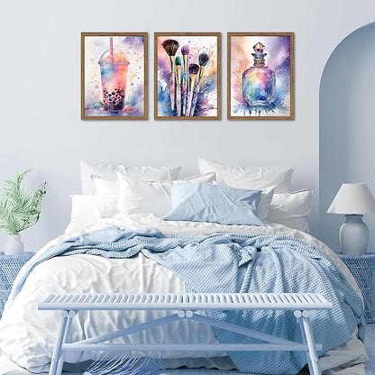 Framed Teen Girls Bedroom Wall Art Set of 3, Pink and Purple Splash Canvas Prints, Makeup Enthusiast Pictures Posters, Drinks Cosmetic Wall Decor for Teenage Girl Room Decor – 16x24 inch
