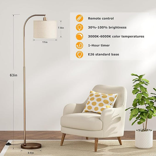 Ambimall Arc Floor Lamp with Remote and Stepless Dimmable Bulb, Colors Temperature & Brightness Adjustable, Floor Lamps for Living Room（Deep Beige Shade & Brown Pole）