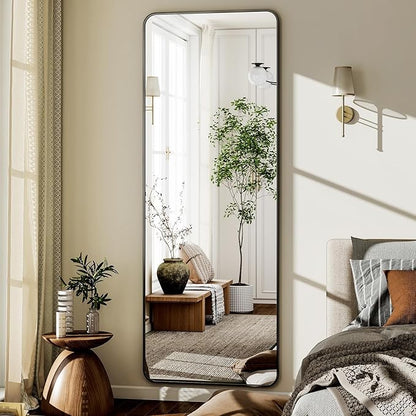 VooBang Round Corner Mirror Full Length, 66" x 23" Floor Mirror with Stand, Matte Aluminum Alloy Frame Full Body Mirror, Standing Hanging or Leaning for Bedroom and Living Room, Black