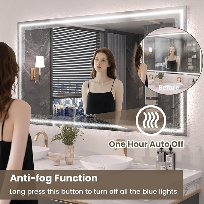 Snowdool 72"X40" LED Bathroom Mirror with Front Lights and Backlit, Anti-Fog, Dimmable, Shatter-Proof Tempered Glass, Lighted Bathroom Vanity Mirror for Wall with 3 Colors, Memory Function