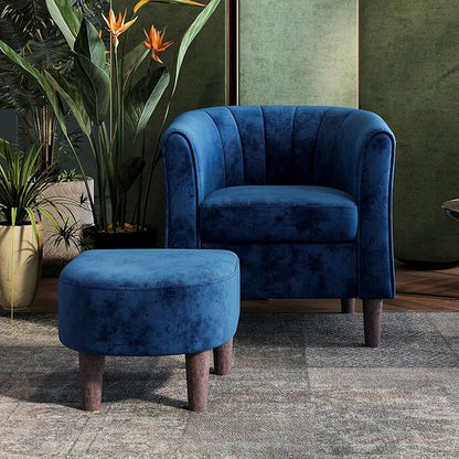 LINSY Accent Chair with Ottoman, Modern Barrel Chair Comfy Armchair Reading Chair with Footrest, Round Arms Chair for Living Room Bedroom Reading Room, Velvet, Blue