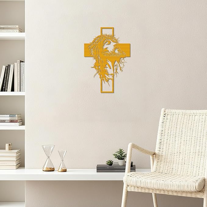 Slickss Golden Jesus Wall Art, Metal Cross Wall Decor with Jesus Figure, 14x10 Inch Religious Wall Hanging, Christian Home Decor for Living Room, Office, Bedroom