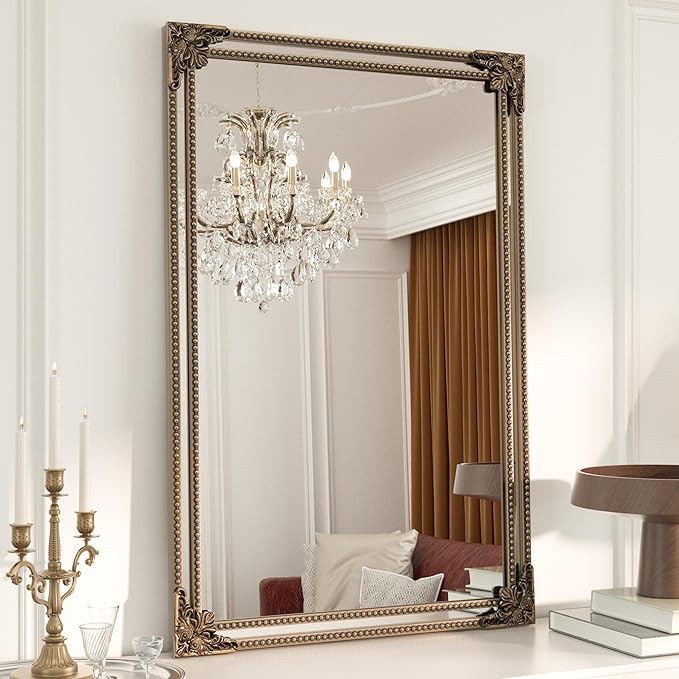 Keonjinn Vintage Mirror for Wall, 24" x 36" Antique Rectangular Gold Mirrors with Metal Frame, Baroque Style Decoration for Mantle, Bathroom, Living Room, Fireplace, Bedroom, HD Shatterproof Glass