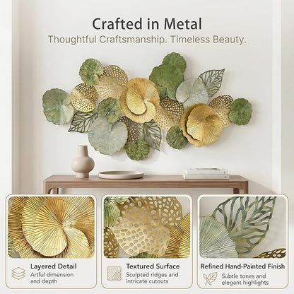 Axioglo Large Metal Wall Art Decor, 3D Abstract Botanical Leaf Design, Handcrafted Metal Wall Sculpture for Living Room, Bedroom & Entryway（51"）